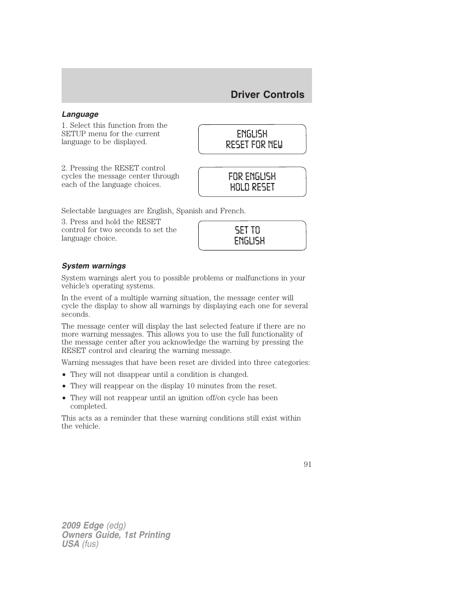 Language, System warnings, Driver controls | FORD 2009 Edge v.1 User Manual | Page 91 / 320