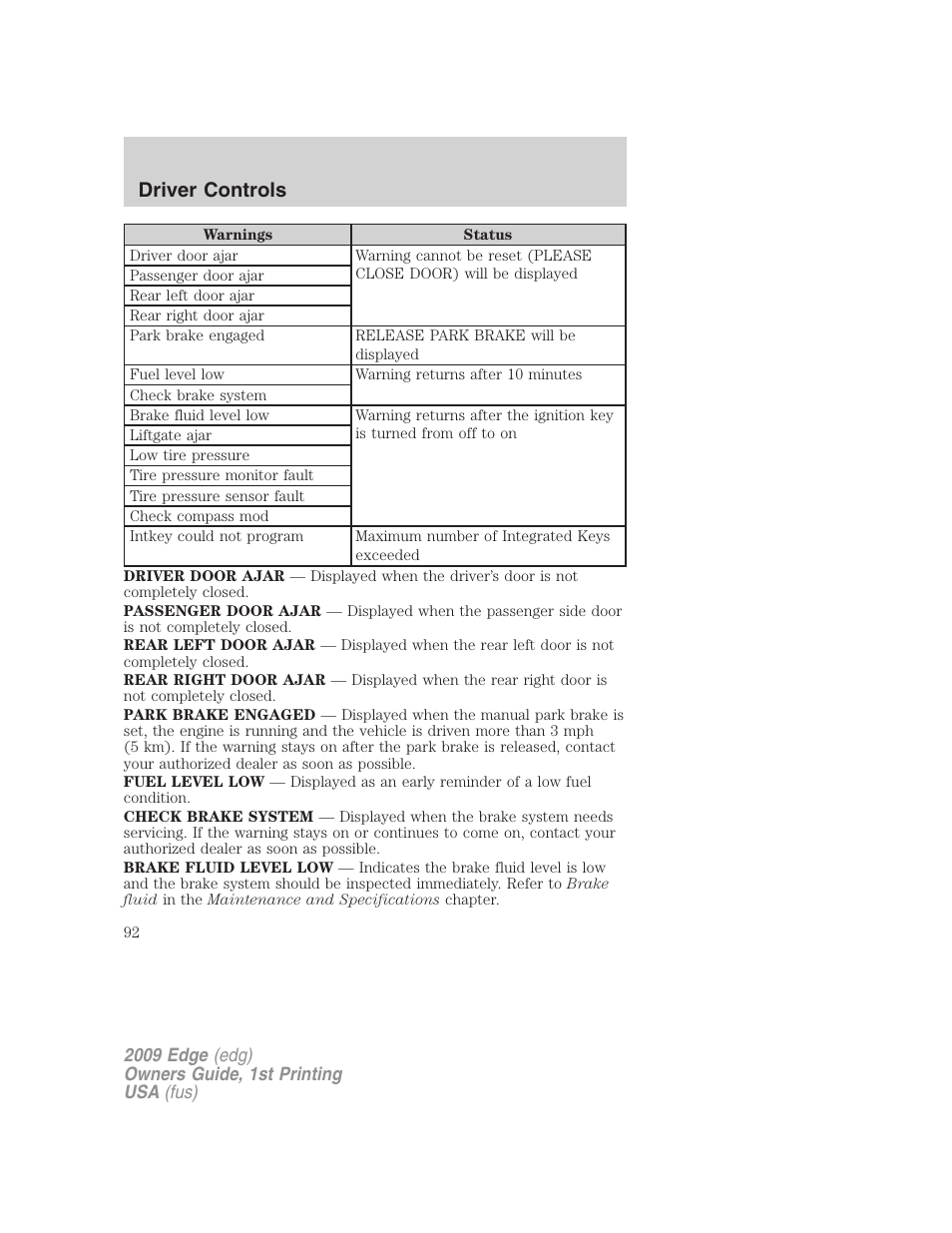 Driver controls | FORD 2009 Edge v.1 User Manual | Page 92 / 320