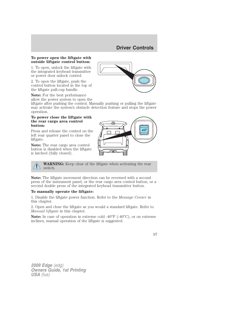 Driver controls | FORD 2009 Edge v.1 User Manual | Page 97 / 320