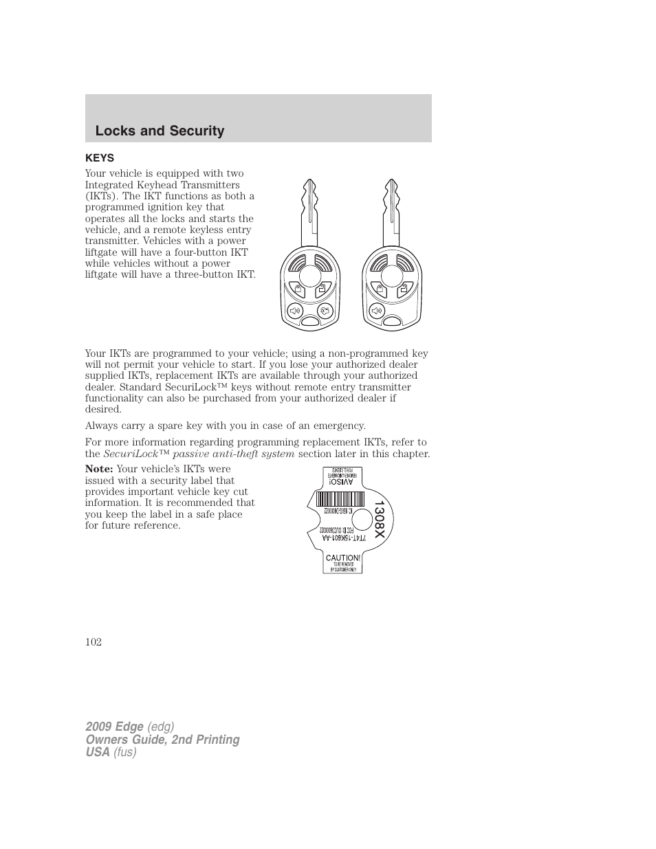 Locks and security, Keys | FORD 2009 Edge v.2 User Manual | Page 102 / 326