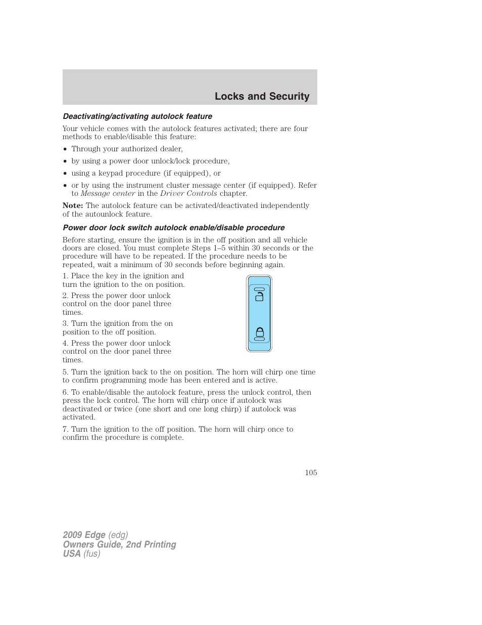 Deactivating/activating autolock feature, Locks and security | FORD 2009 Edge v.2 User Manual | Page 105 / 326