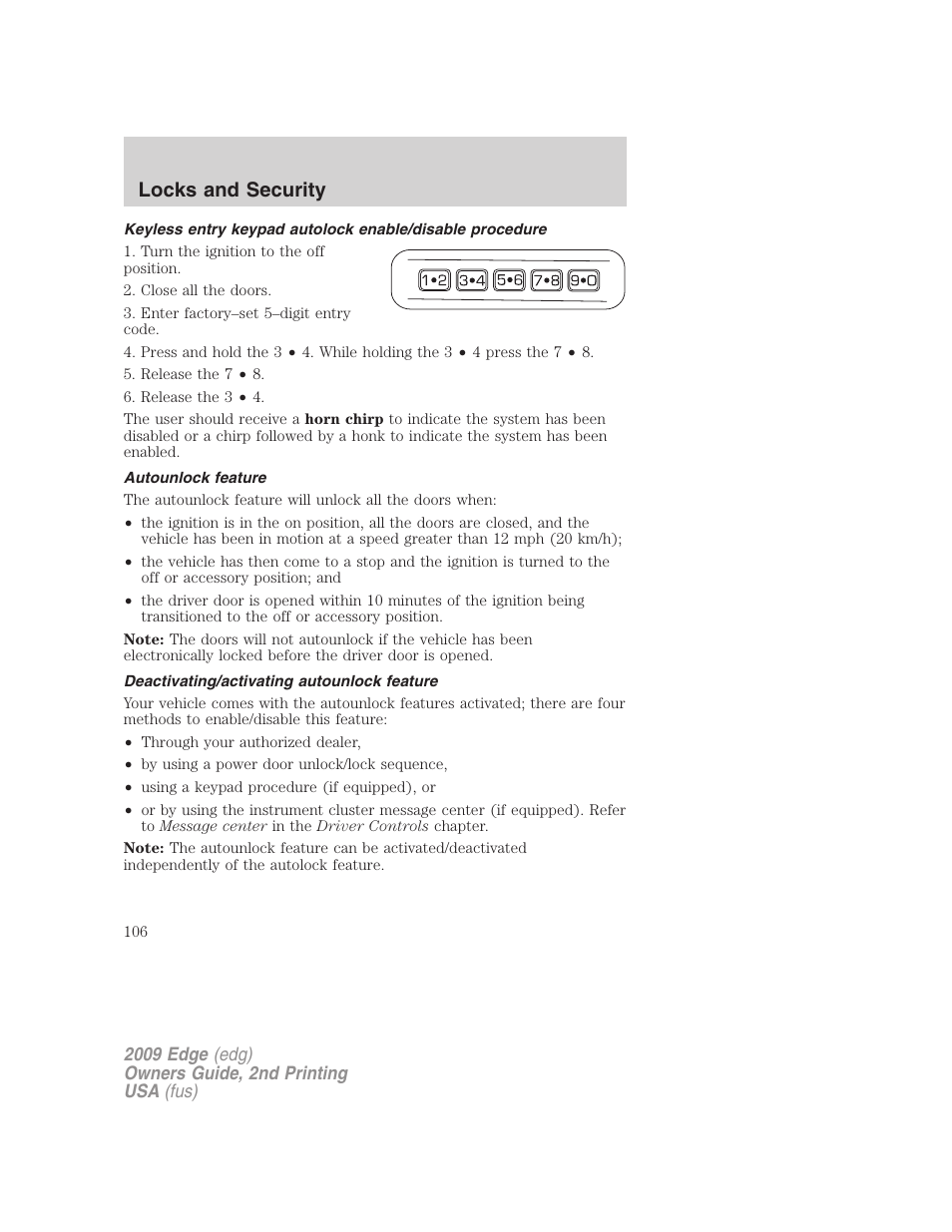 Autounlock feature, Deactivating/activating autounlock feature, Locks and security | FORD 2009 Edge v.2 User Manual | Page 106 / 326