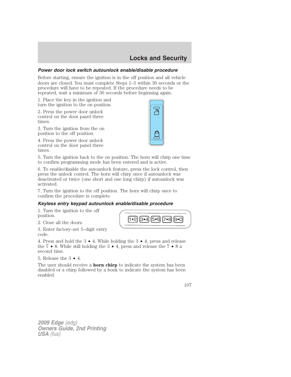 Locks and security | FORD 2009 Edge v.2 User Manual | Page 107 / 326