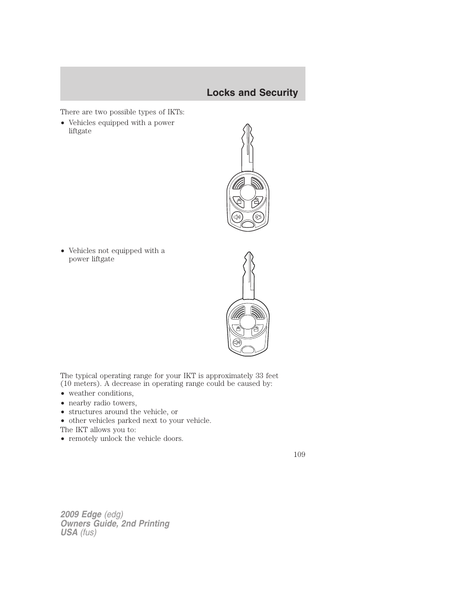 Locks and security | FORD 2009 Edge v.2 User Manual | Page 109 / 326