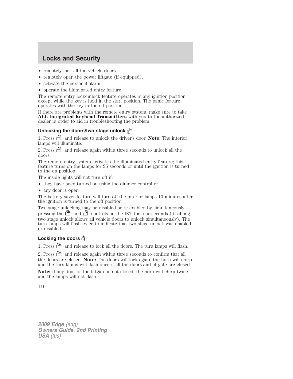 Unlocking the doors/two stage unlock, Locking the doors, Locks and security | FORD 2009 Edge v.2 User Manual | Page 110 / 326