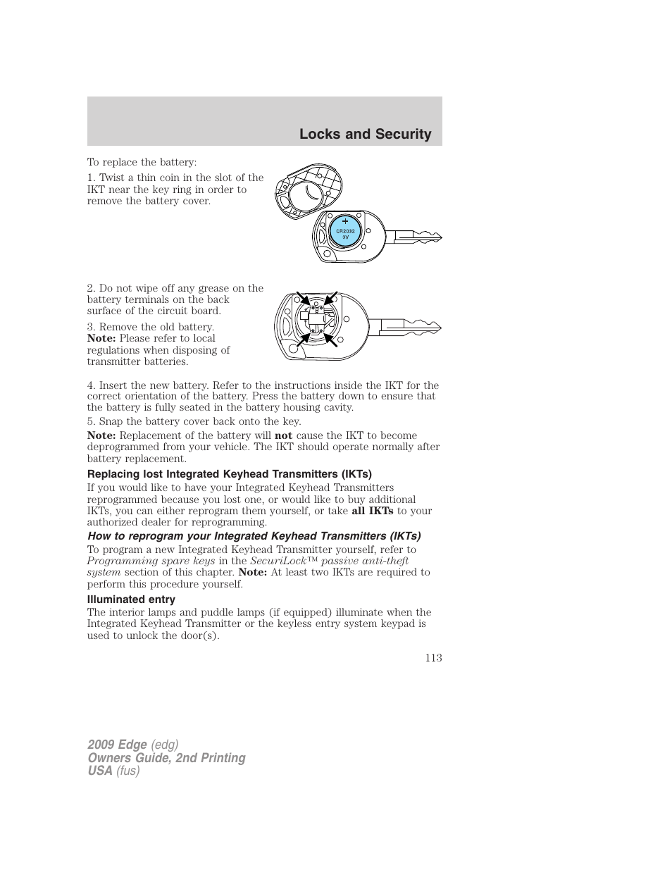 Illuminated entry, Locks and security | FORD 2009 Edge v.2 User Manual | Page 113 / 326