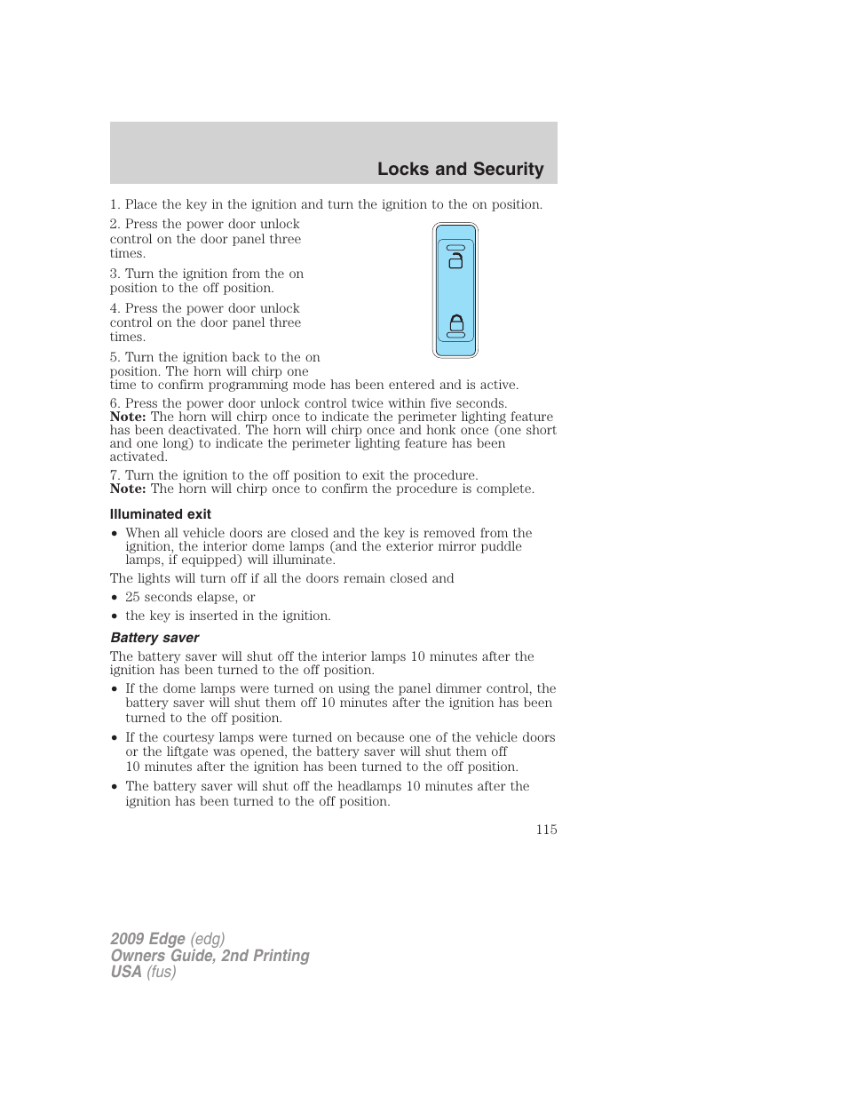 Illuminated exit, Battery saver, Locks and security | FORD 2009 Edge v.2 User Manual | Page 115 / 326