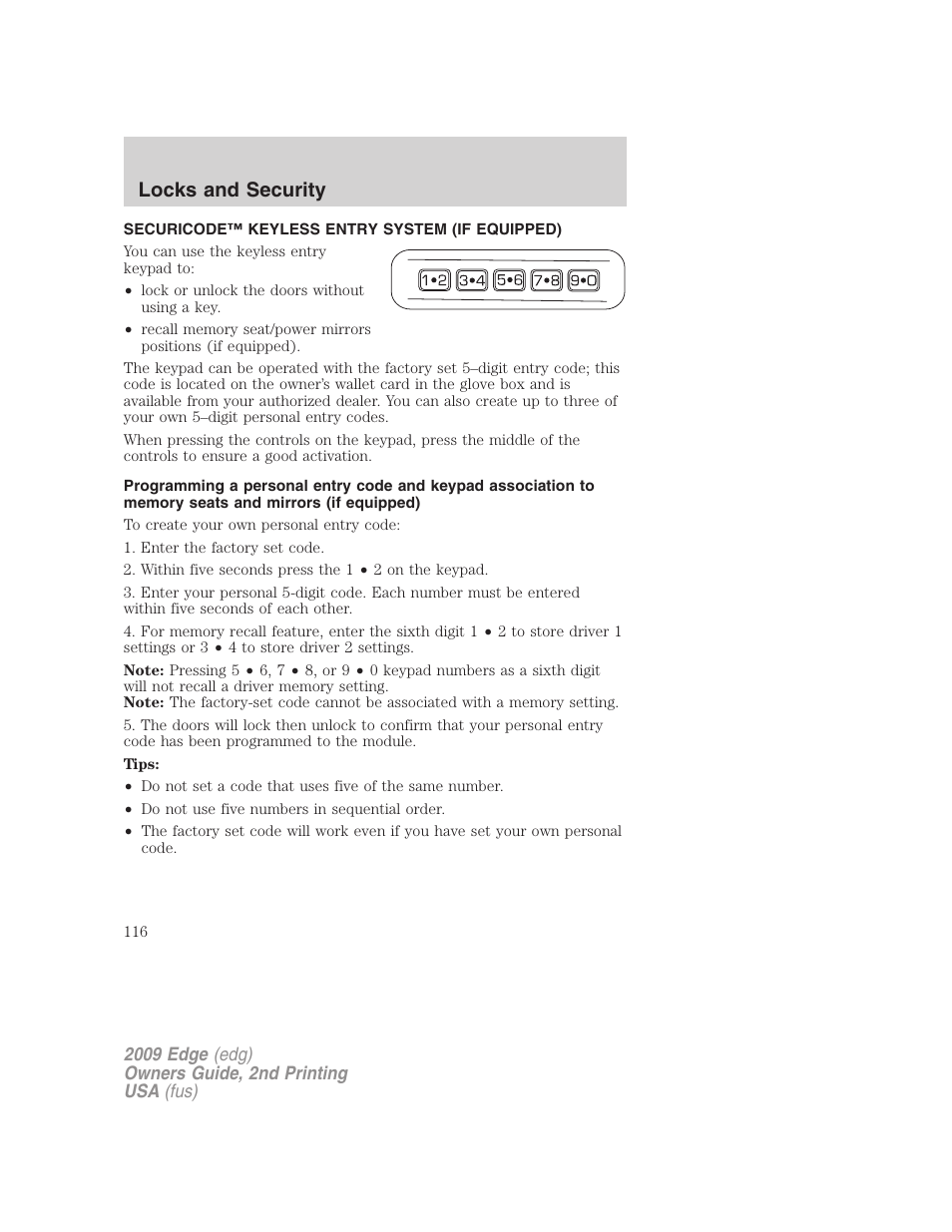 Securicode™ keyless entry system (if equipped), Locks and security | FORD 2009 Edge v.2 User Manual | Page 116 / 326