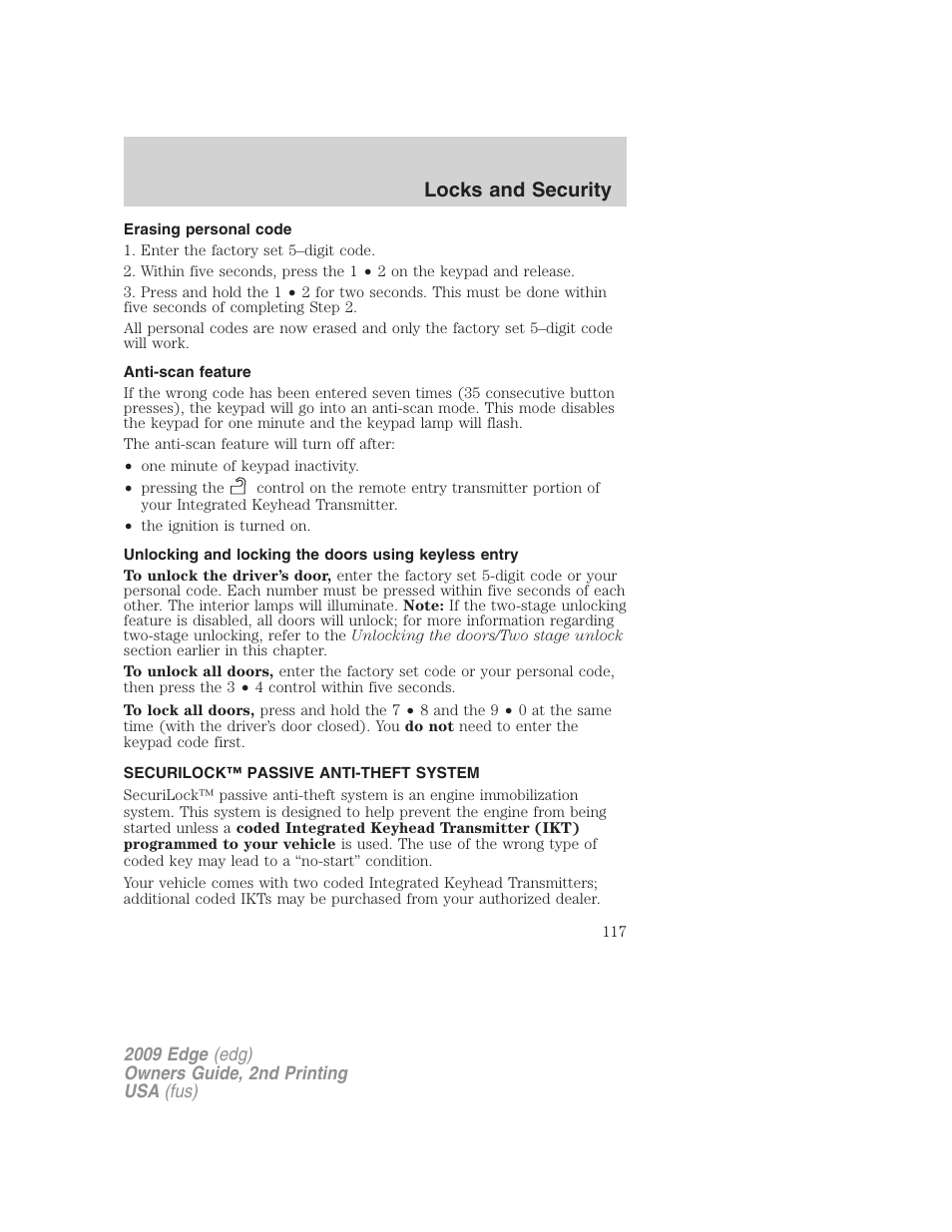 Erasing personal code, Anti-scan feature, Securilock™ passive anti-theft system | Anti-theft system, Locks and security | FORD 2009 Edge v.2 User Manual | Page 117 / 326