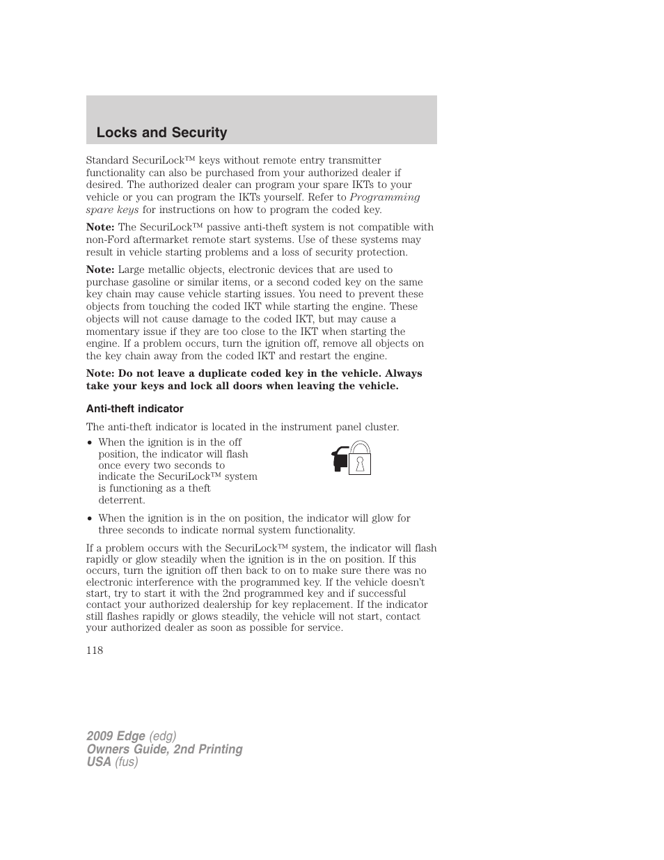 Anti-theft indicator, Locks and security | FORD 2009 Edge v.2 User Manual | Page 118 / 326