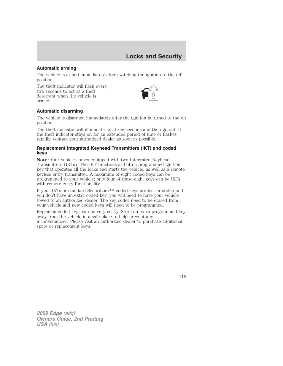 Automatic arming, Automatic disarming, Locks and security | FORD 2009 Edge v.2 User Manual | Page 119 / 326