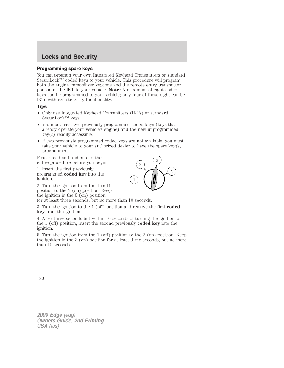 Programming spare keys, Locks and security | FORD 2009 Edge v.2 User Manual | Page 120 / 326