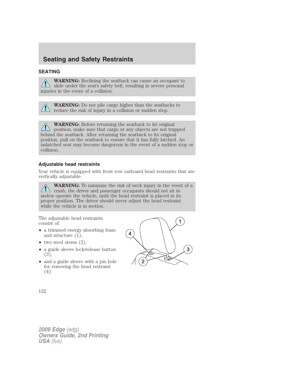 Seating and safety restraints, Seating, Adjustable head restraints | FORD 2009 Edge v.2 User Manual | Page 122 / 326