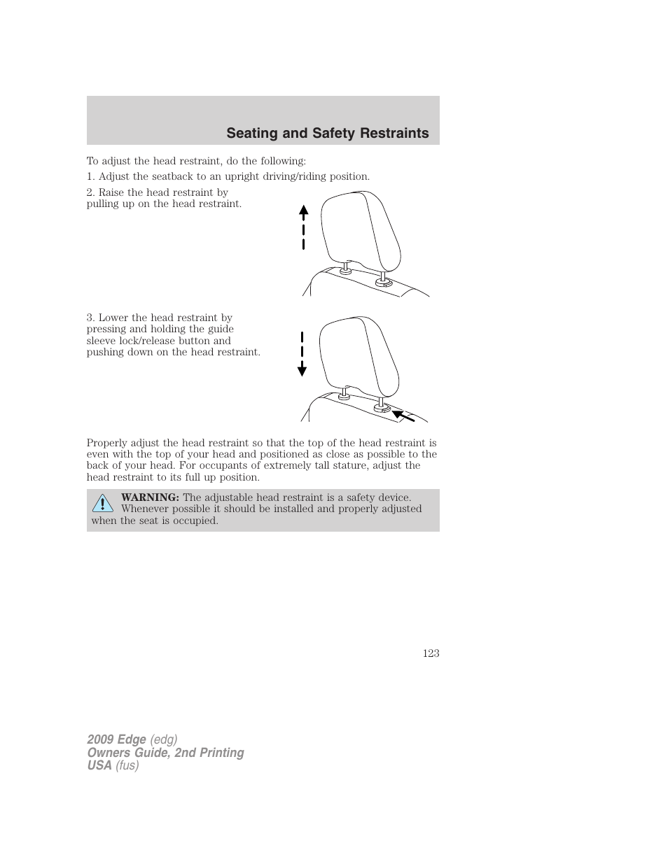 Seating and safety restraints | FORD 2009 Edge v.2 User Manual | Page 123 / 326