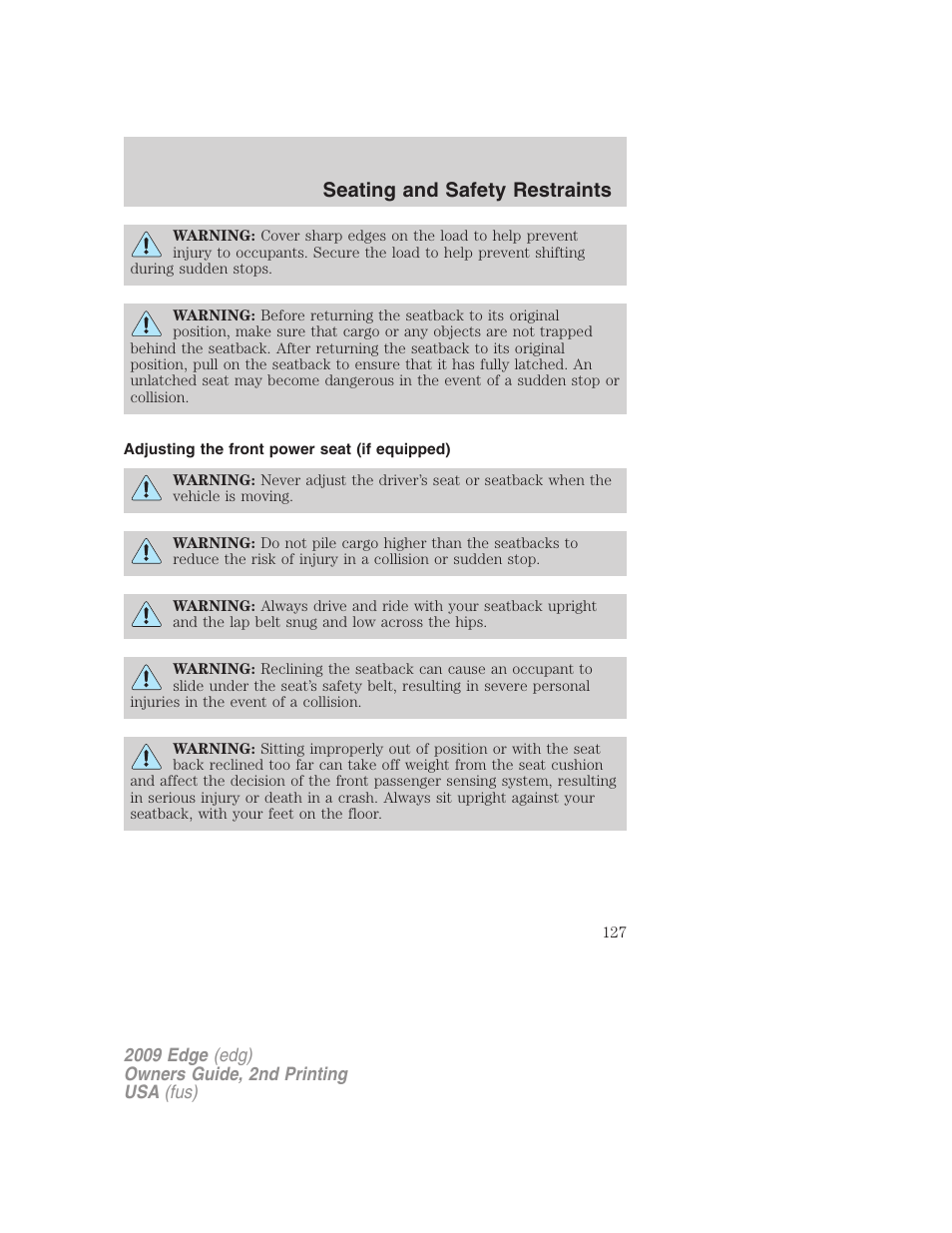 Adjusting the front power seat (if equipped), Seating and safety restraints | FORD 2009 Edge v.2 User Manual | Page 127 / 326