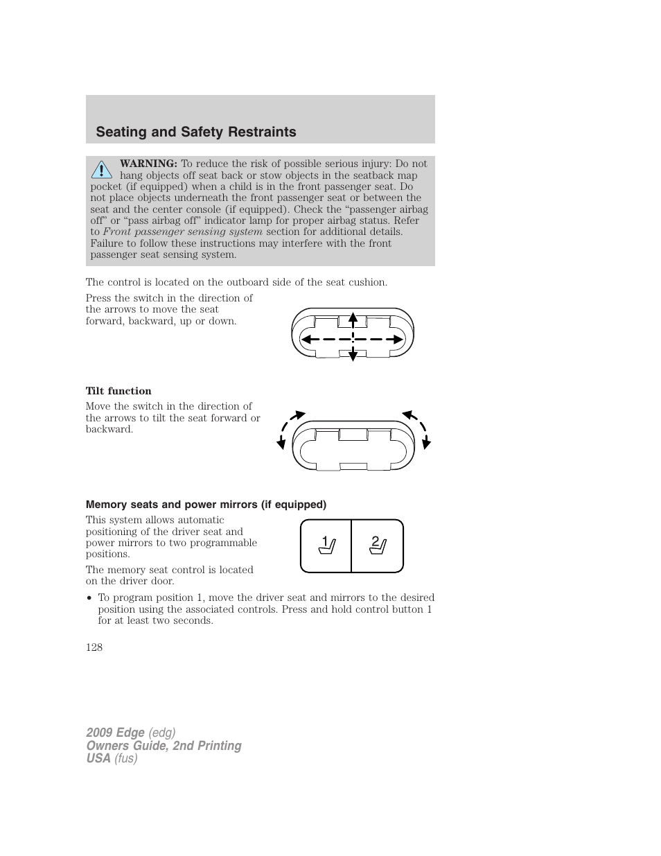 Memory seats and power mirrors (if equipped), Seating and safety restraints | FORD 2009 Edge v.2 User Manual | Page 128 / 326