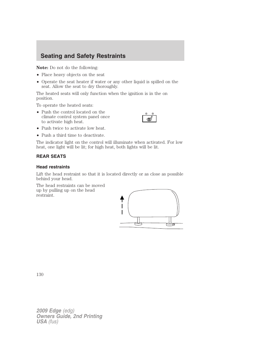 Rear seats, Head restraints, Seating and safety restraints | FORD 2009 Edge v.2 User Manual | Page 130 / 326