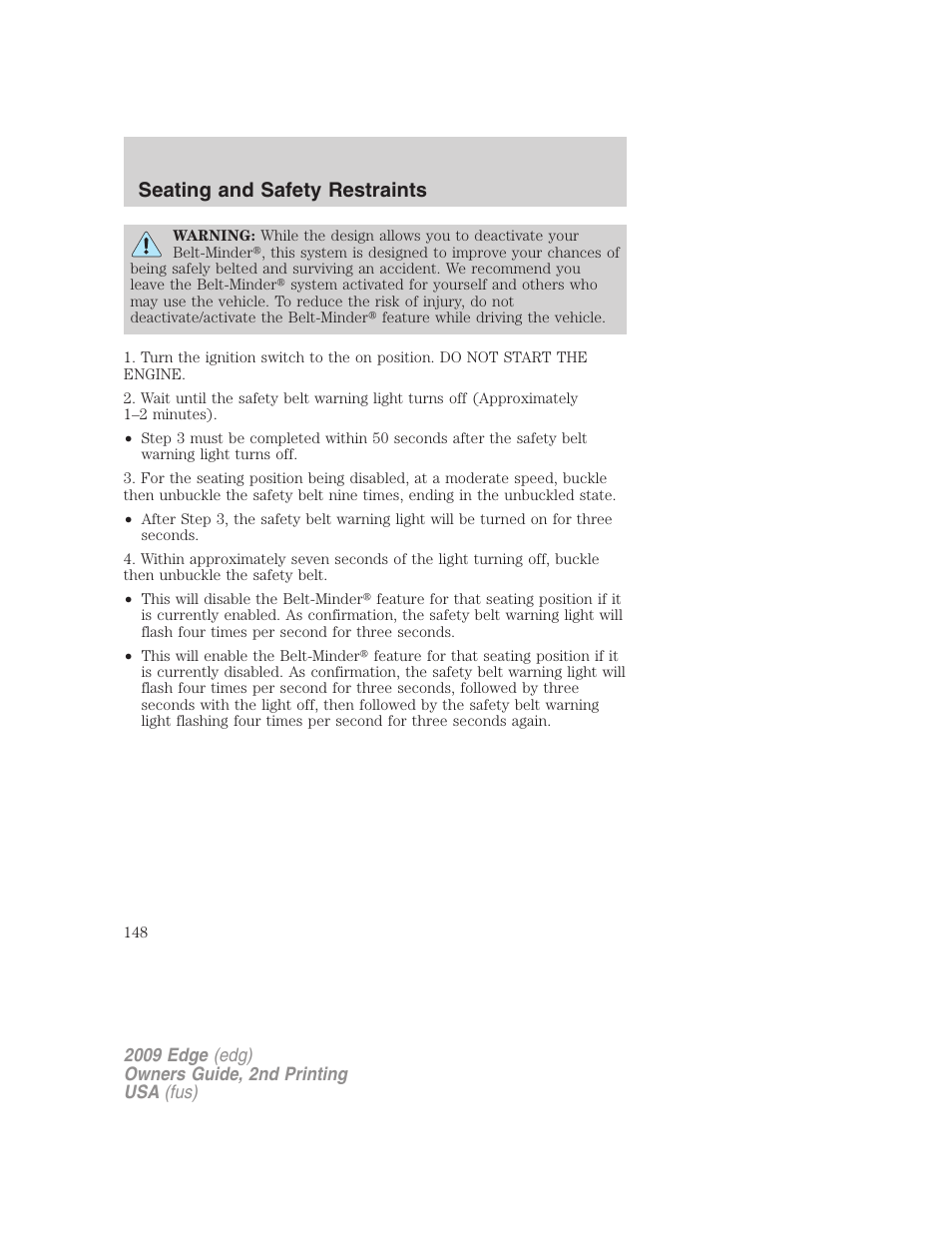 Seating and safety restraints | FORD 2009 Edge v.2 User Manual | Page 148 / 326