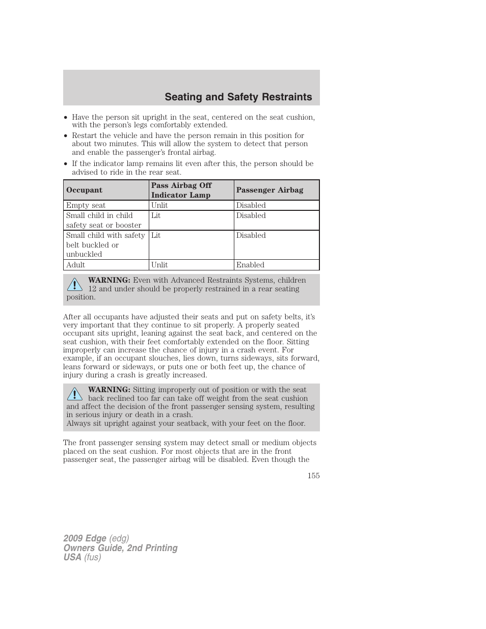 Seating and safety restraints | FORD 2009 Edge v.2 User Manual | Page 155 / 326