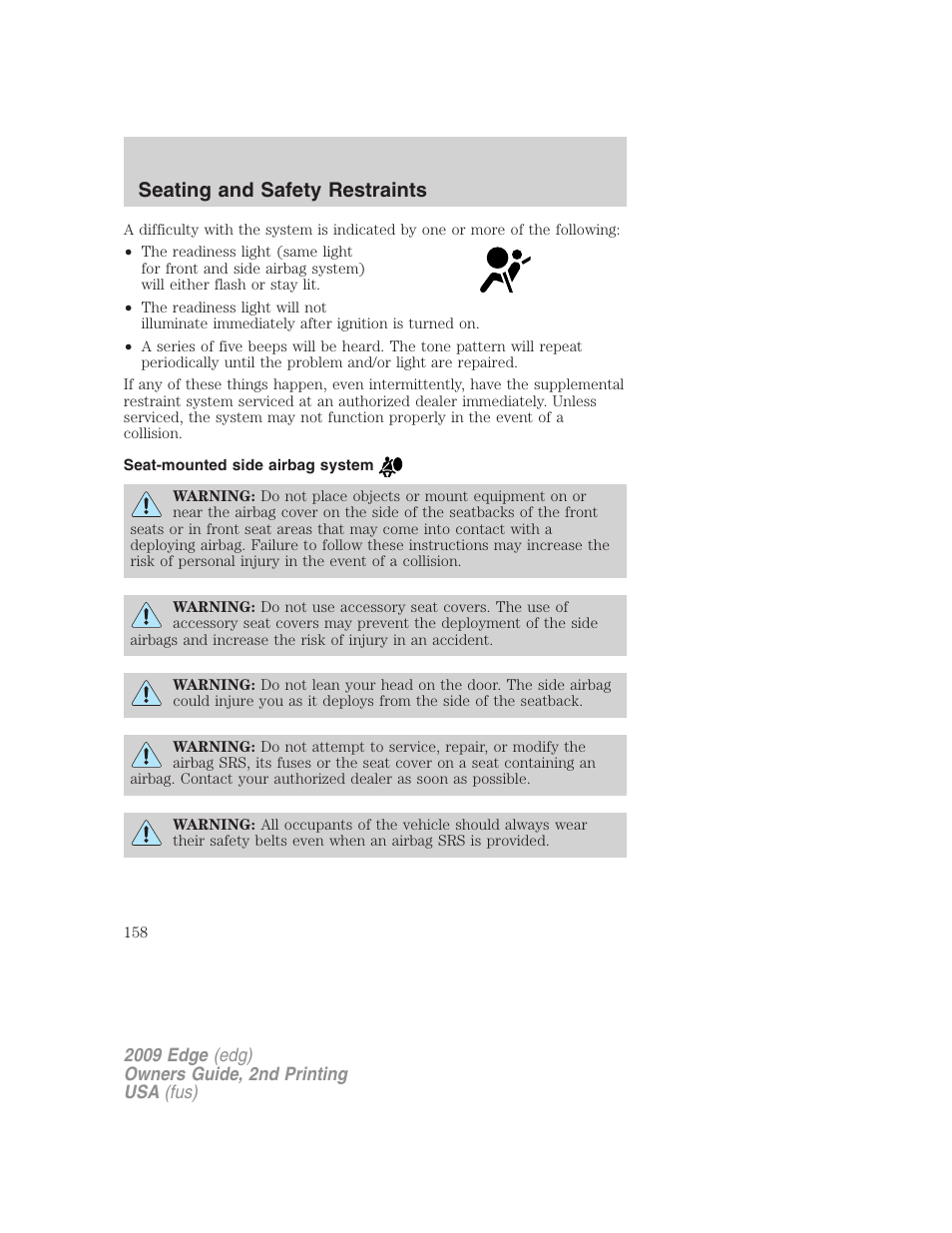 Seat-mounted side airbag system, Seating and safety restraints | FORD 2009 Edge v.2 User Manual | Page 158 / 326