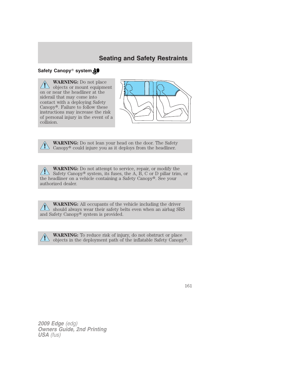 Safety canopy system, Seating and safety restraints | FORD 2009 Edge v.2 User Manual | Page 161 / 326