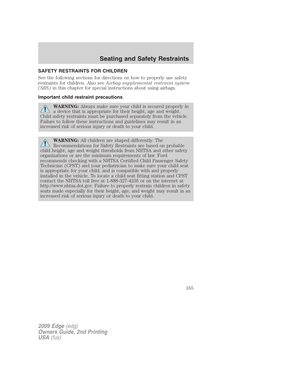 Safety restraints for children, Important child restraint precautions, Child restraints | Seating and safety restraints | FORD 2009 Edge v.2 User Manual | Page 165 / 326