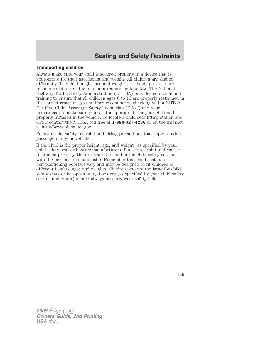 Transporting children, Seating and safety restraints | FORD 2009 Edge v.2 User Manual | Page 169 / 326