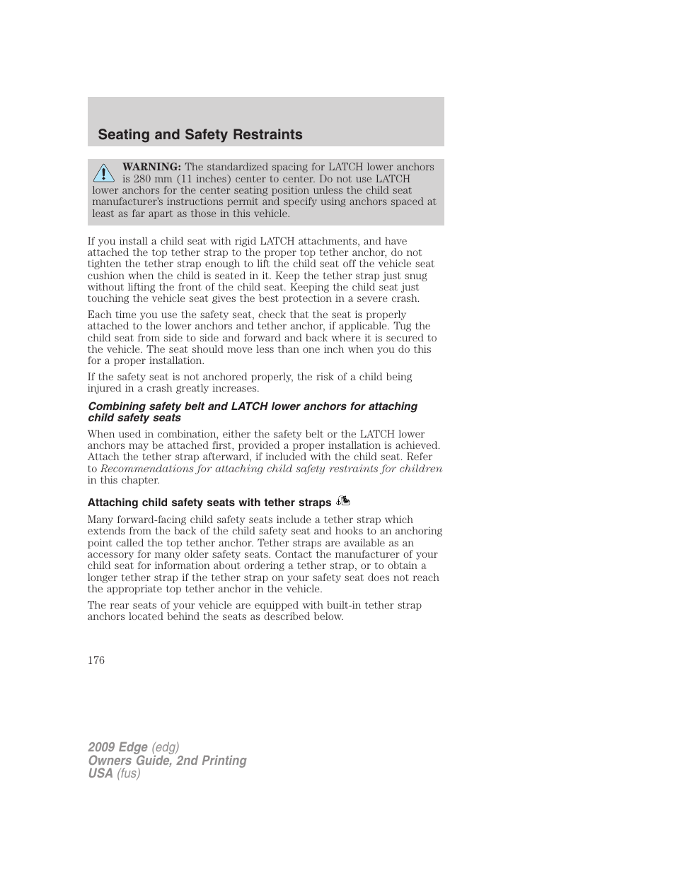Attaching child safety seats with tether straps, Seating and safety restraints | FORD 2009 Edge v.2 User Manual | Page 176 / 326