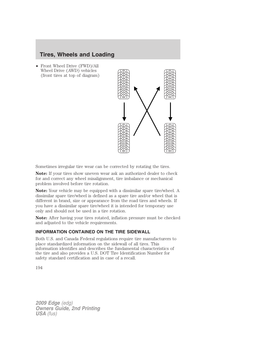 Information contained on the tire sidewall, Tires, wheels and loading | FORD 2009 Edge v.2 User Manual | Page 194 / 326