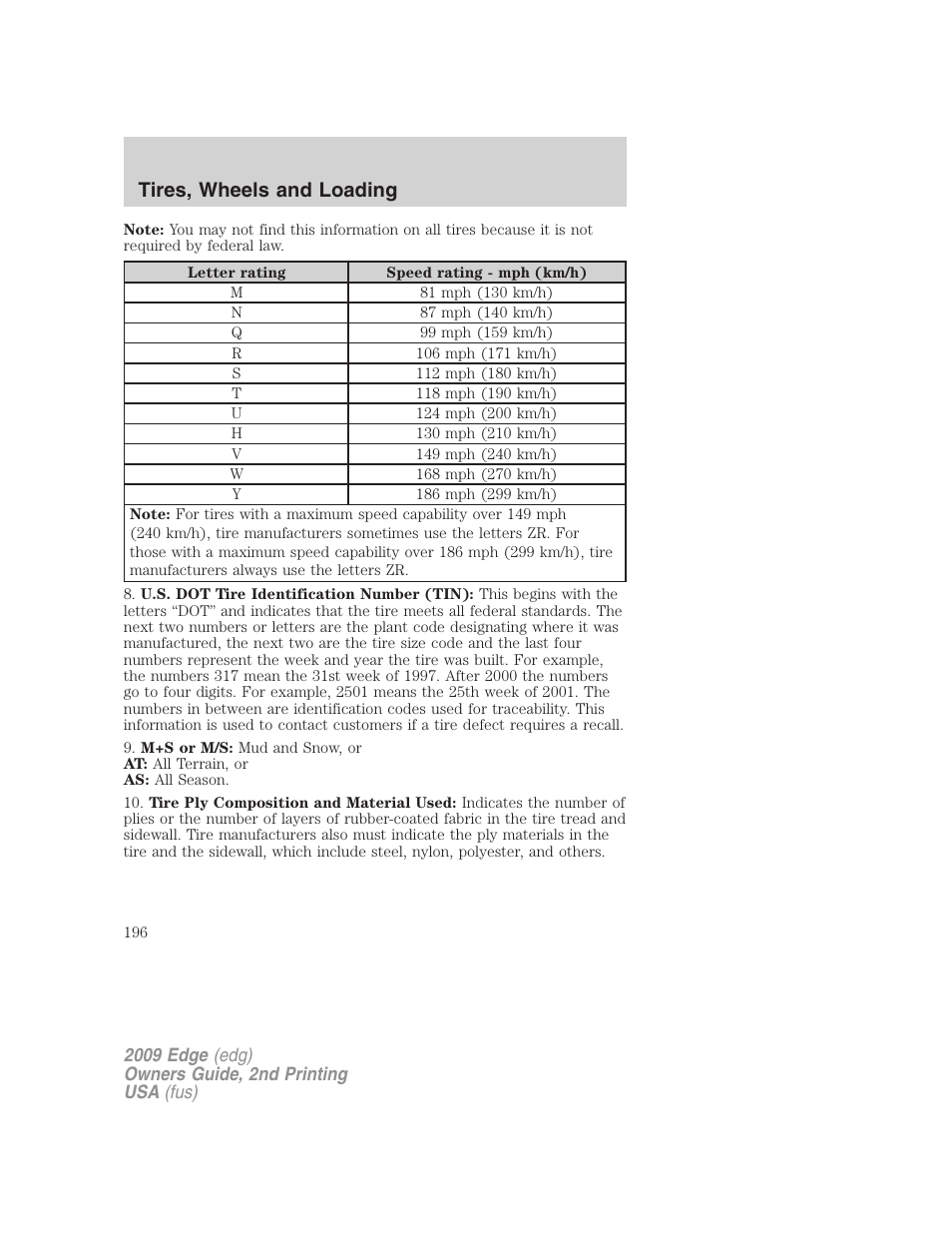 Tires, wheels and loading | FORD 2009 Edge v.2 User Manual | Page 196 / 326