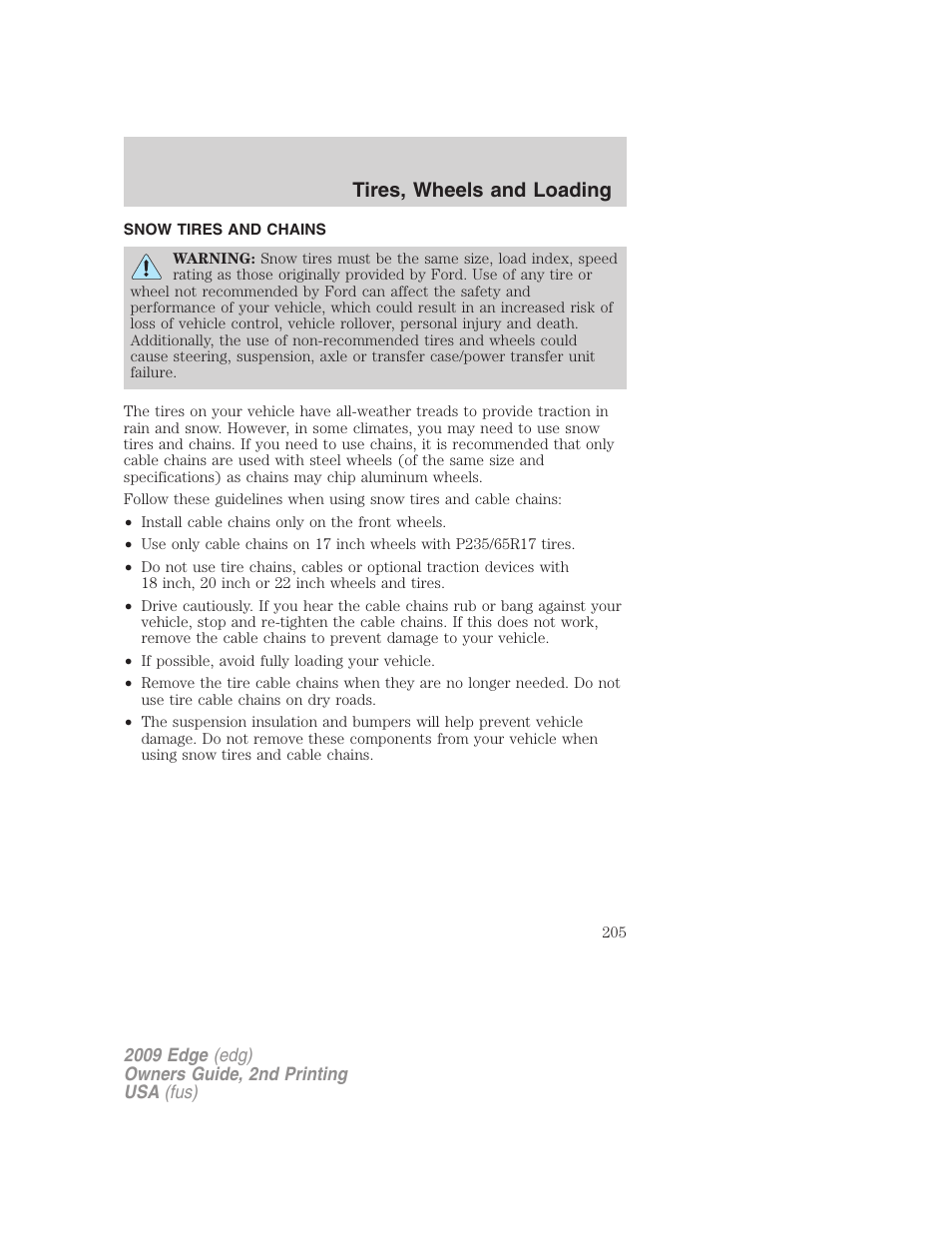 Snow tires and chains, Tires, wheels and loading | FORD 2009 Edge v.2 User Manual | Page 205 / 326