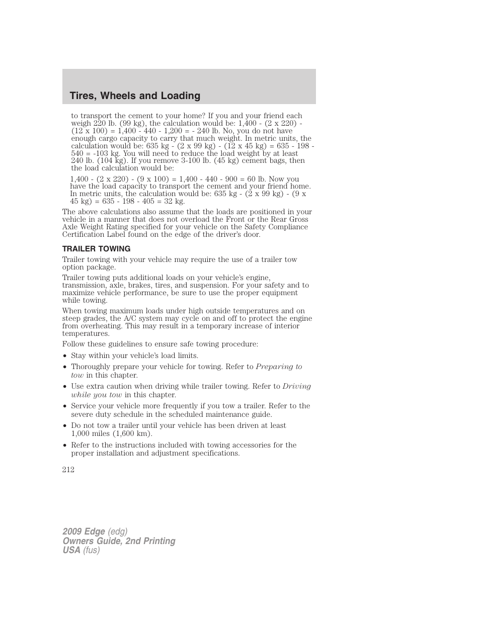 Trailer towing, Tires, wheels and loading | FORD 2009 Edge v.2 User Manual | Page 212 / 326