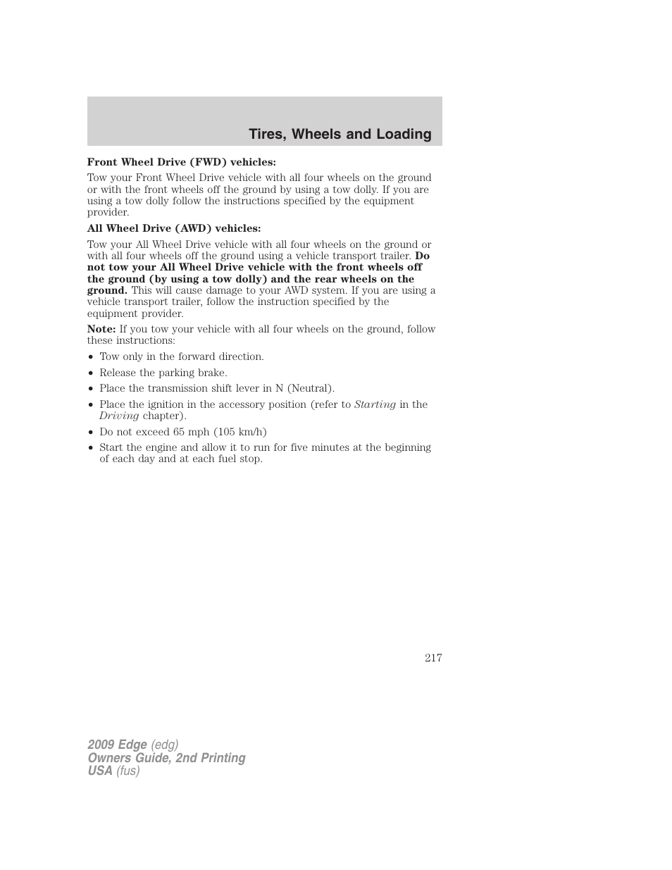 Tires, wheels and loading | FORD 2009 Edge v.2 User Manual | Page 217 / 326