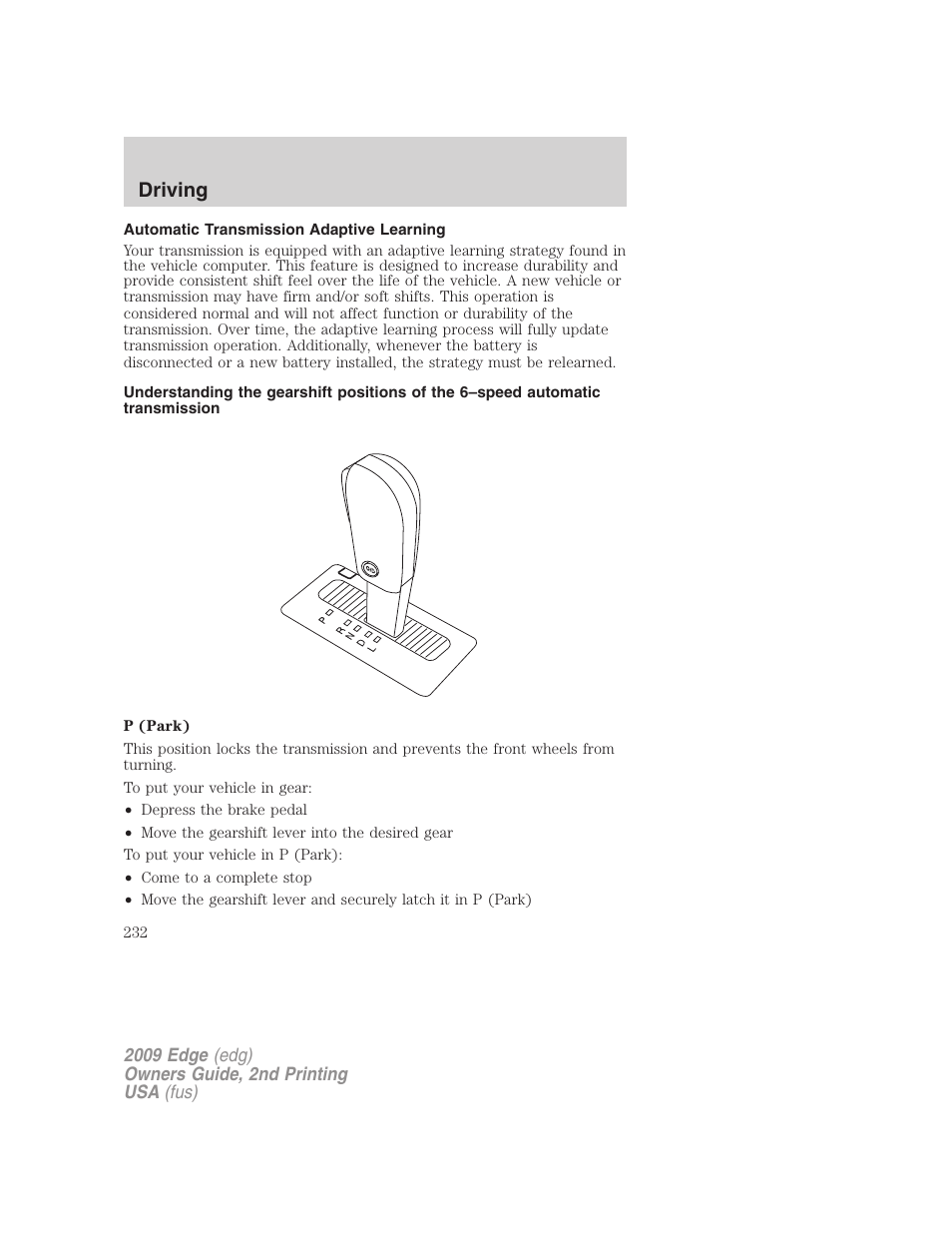 Automatic transmission adaptive learning, Driving | FORD 2009 Edge v.2 User Manual | Page 232 / 326