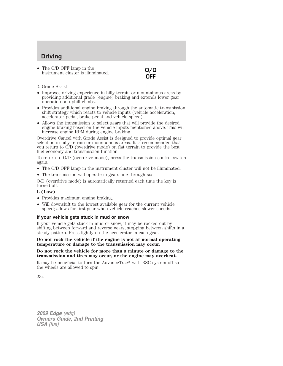 If your vehicle gets stuck in mud or snow, Driving | FORD 2009 Edge v.2 User Manual | Page 234 / 326