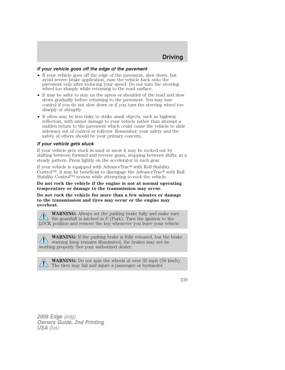 If your vehicle goes off the edge of the pavement, If your vehicle gets stuck, Driving | FORD 2009 Edge v.2 User Manual | Page 239 / 326