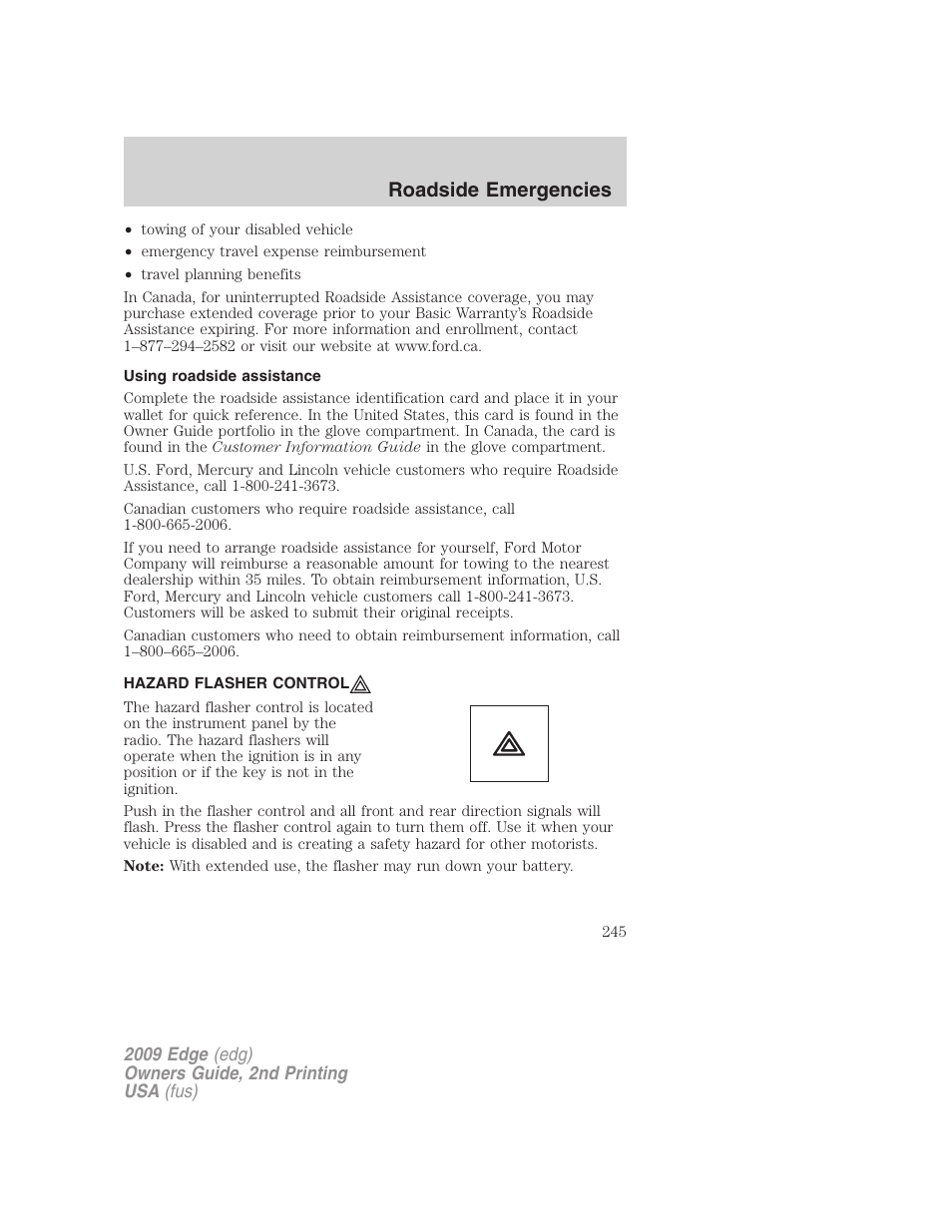 Using roadside assistance, Hazard flasher control, Roadside emergencies | FORD 2009 Edge v.2 User Manual | Page 245 / 326