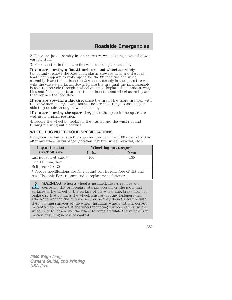 Wheel lug nut torque specifications, Wheel lug nut torque, Roadside emergencies | FORD 2009 Edge v.2 User Manual | Page 259 / 326