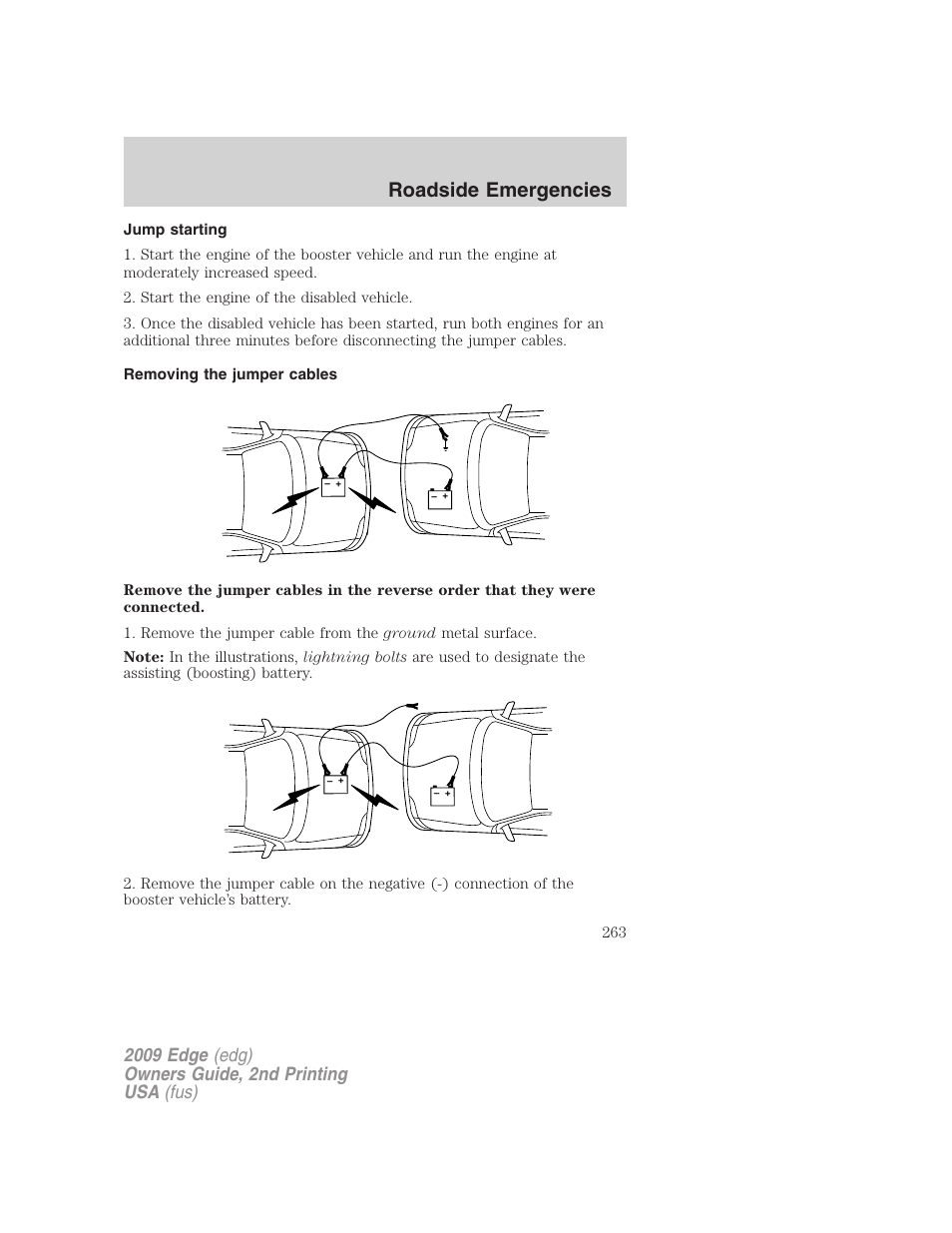 Jump starting, Removing the jumper cables, Roadside emergencies | FORD 2009 Edge v.2 User Manual | Page 263 / 326