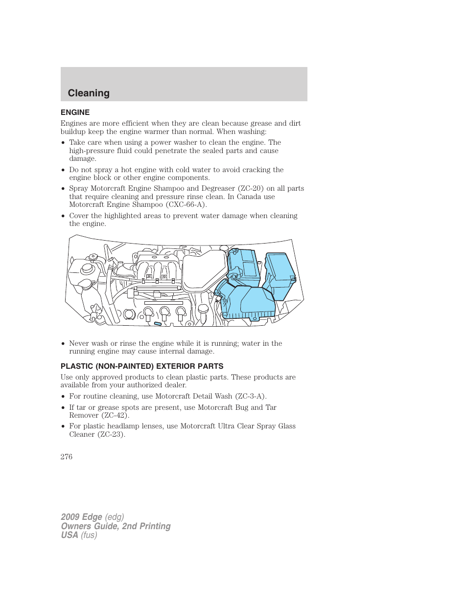 Engine, Plastic (non-painted) exterior parts, Cleaning | FORD 2009 Edge v.2 User Manual | Page 276 / 326