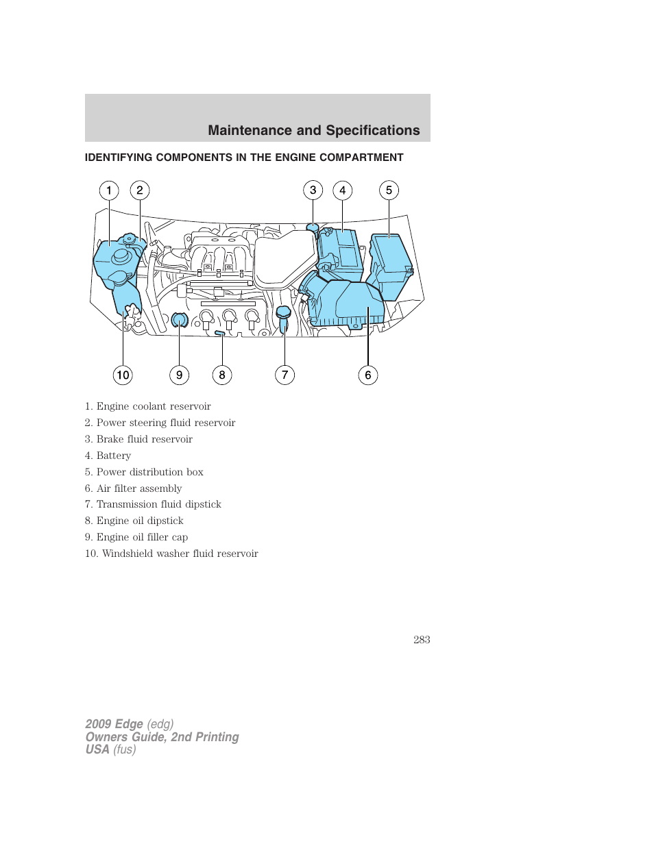 Identifying components in the engine compartment, Engine compartment, Maintenance and specifications | FORD 2009 Edge v.2 User Manual | Page 283 / 326