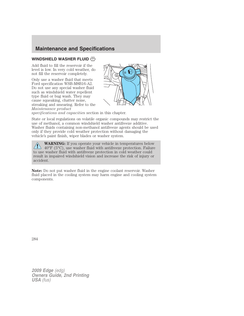 Windshield washer fluid, Maintenance and specifications | FORD 2009 Edge v.2 User Manual | Page 284 / 326