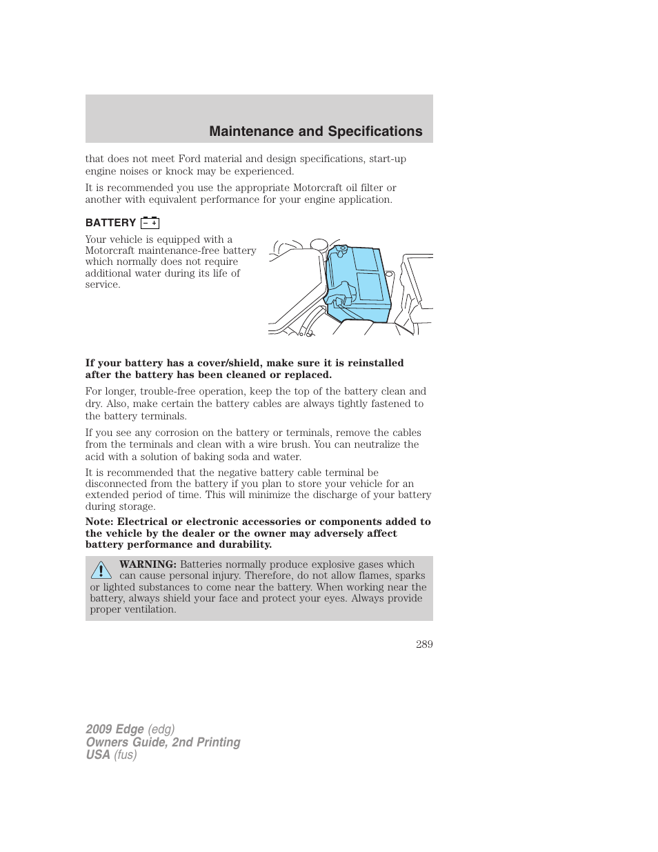 Battery, Maintenance and specifications | FORD 2009 Edge v.2 User Manual | Page 289 / 326