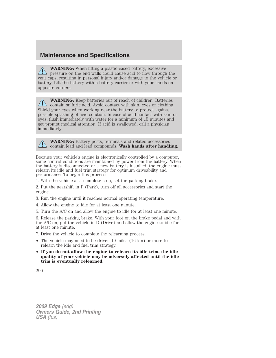 Maintenance and specifications | FORD 2009 Edge v.2 User Manual | Page 290 / 326