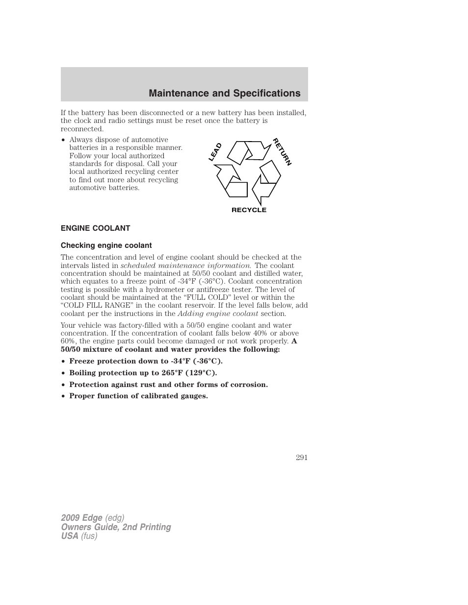 Engine coolant, Checking engine coolant, Maintenance and specifications | FORD 2009 Edge v.2 User Manual | Page 291 / 326