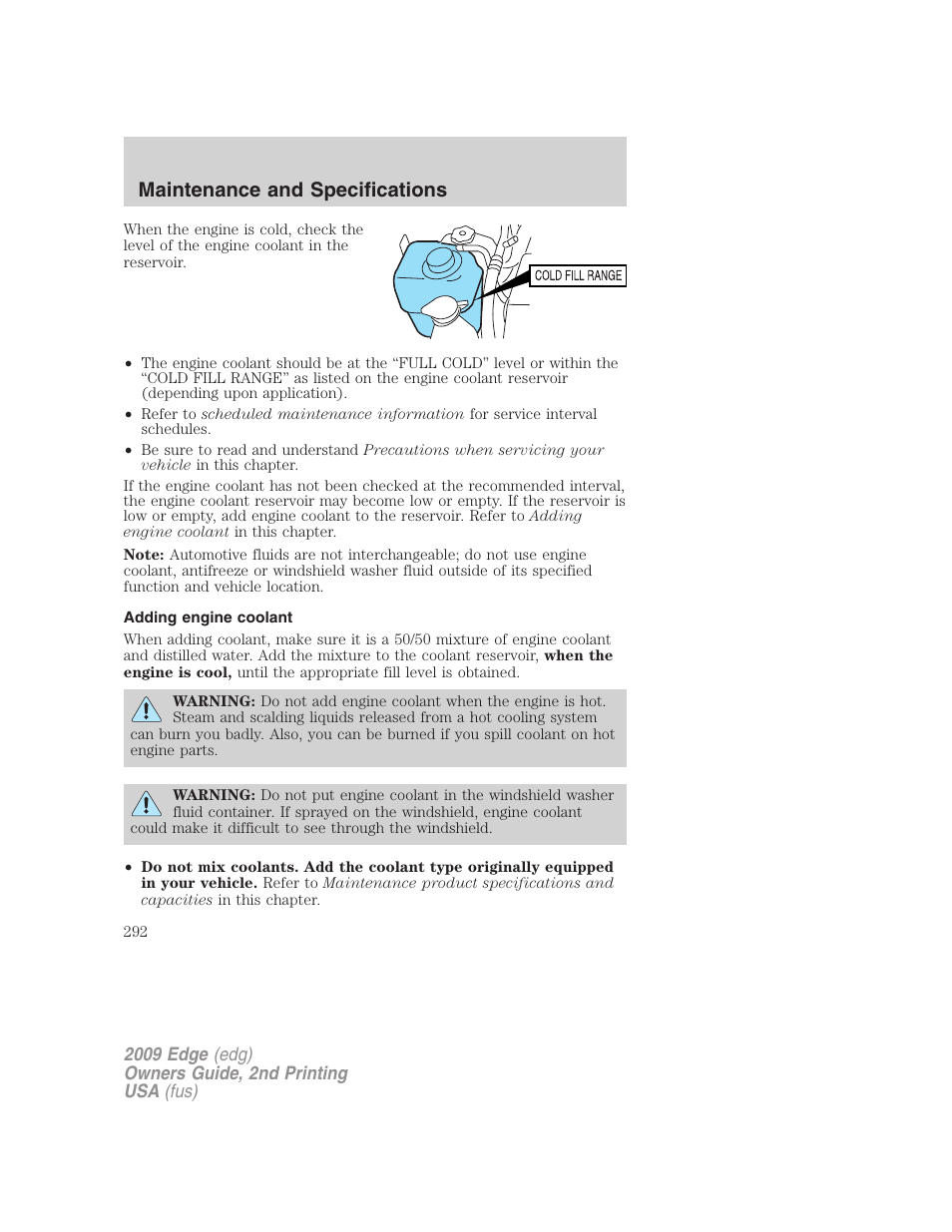 Adding engine coolant, Maintenance and specifications | FORD 2009 Edge v.2 User Manual | Page 292 / 326