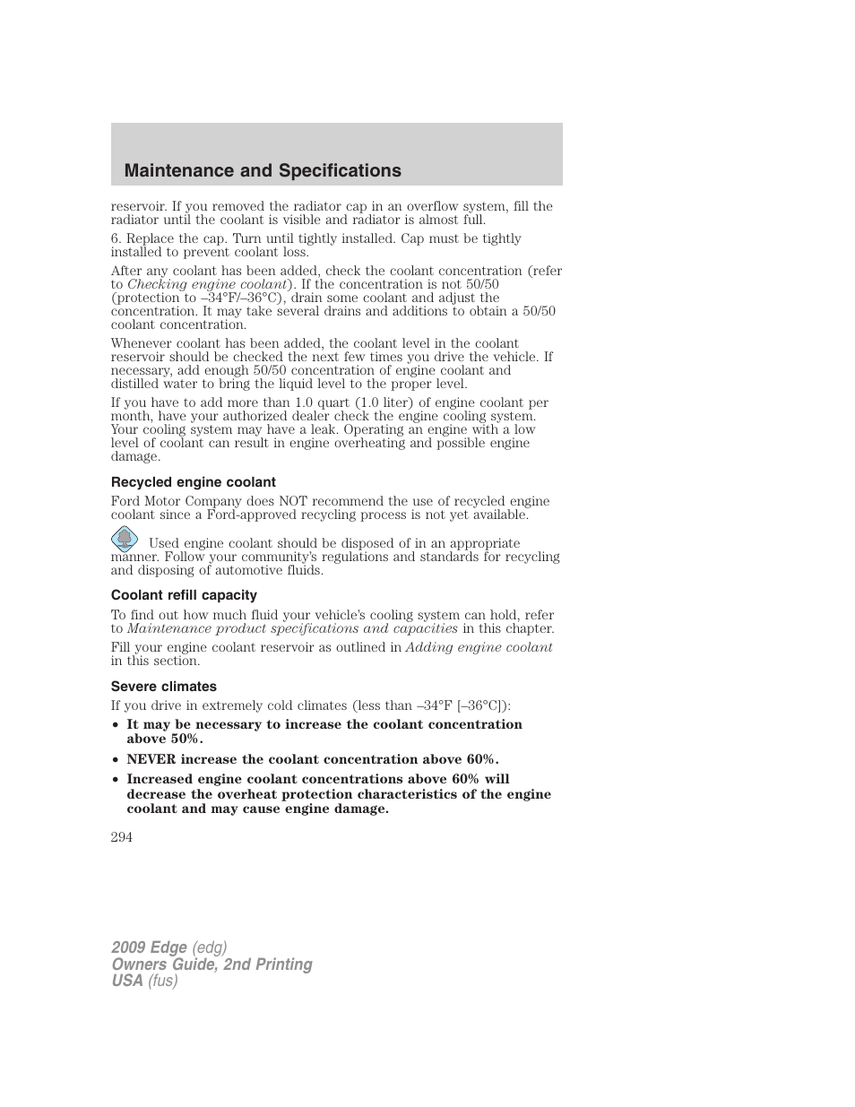 Recycled engine coolant, Coolant refill capacity, Severe climates | Maintenance and specifications | FORD 2009 Edge v.2 User Manual | Page 294 / 326