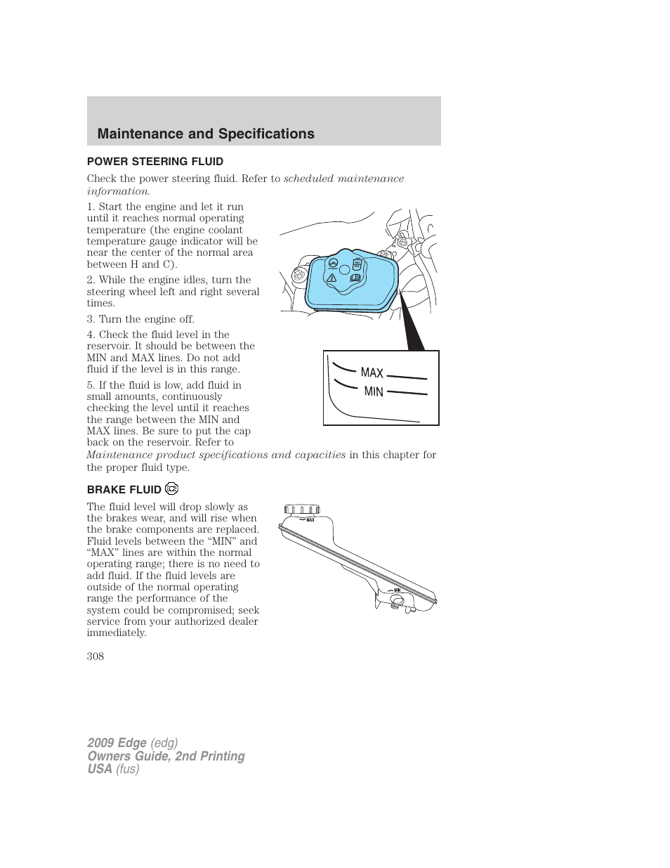 Power steering fluid, Brake fluid, Maintenance and specifications | FORD 2009 Edge v.2 User Manual | Page 308 / 326