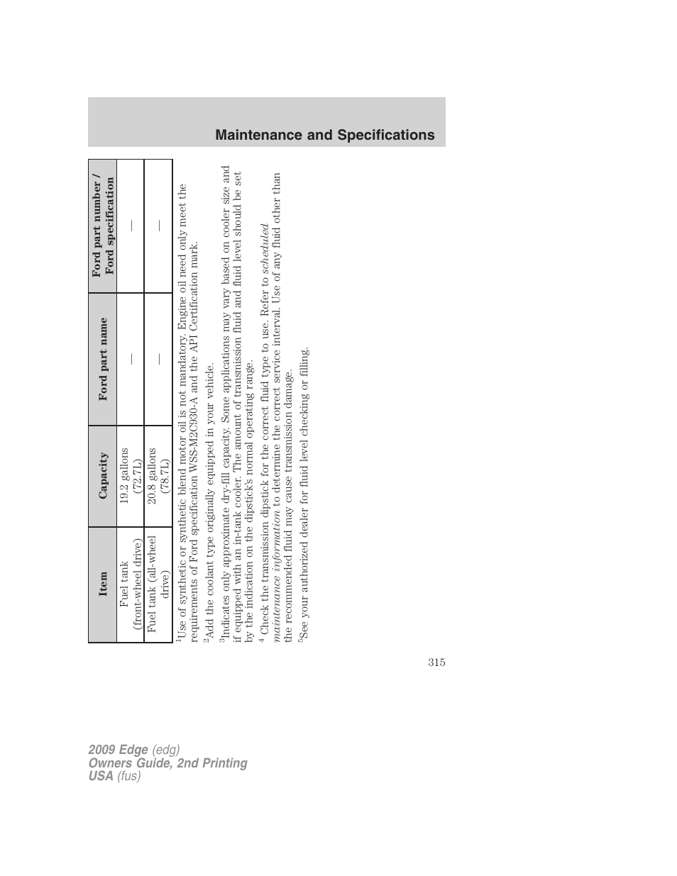 Maintenance and specifications | FORD 2009 Edge v.2 User Manual | Page 315 / 326
