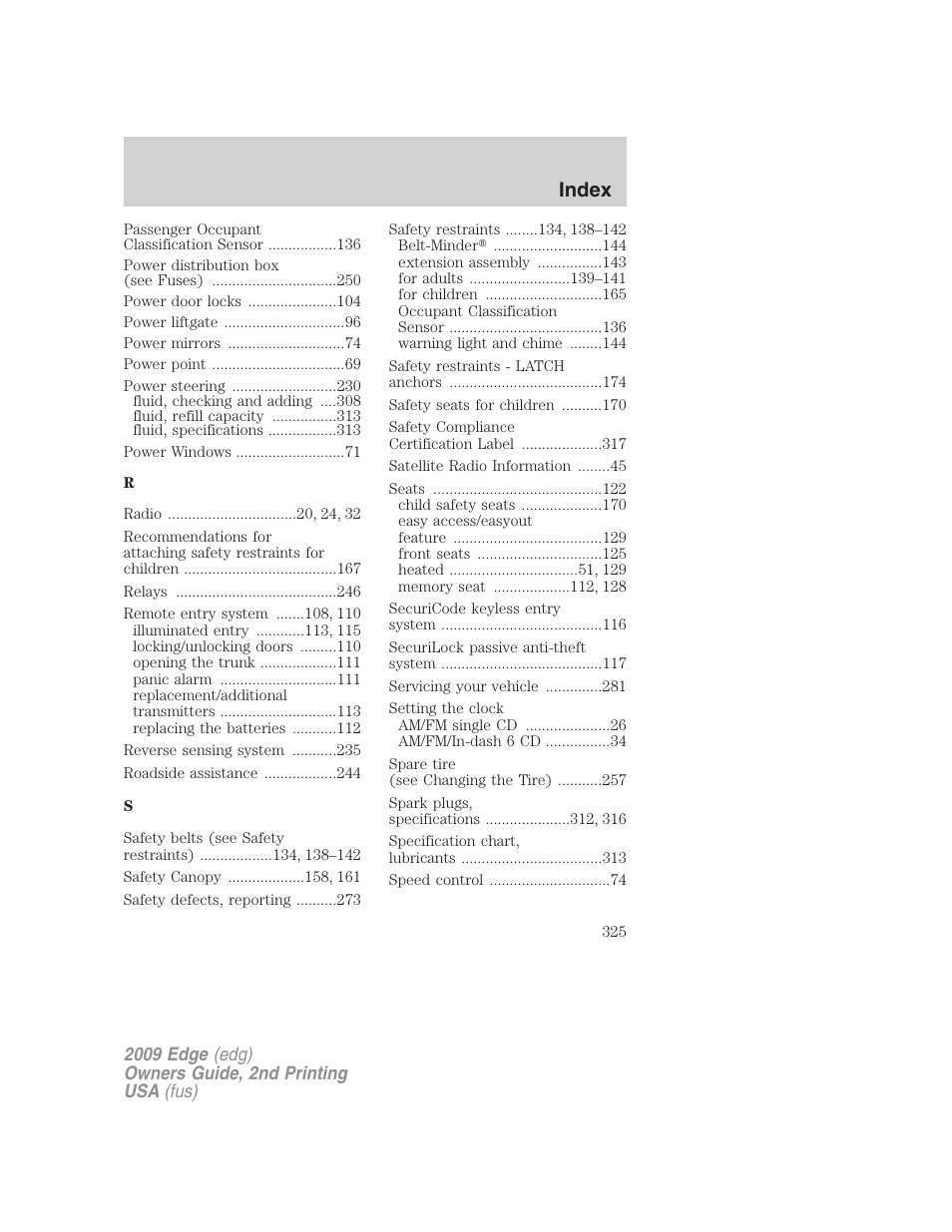 Index | FORD 2009 Edge v.2 User Manual | Page 325 / 326